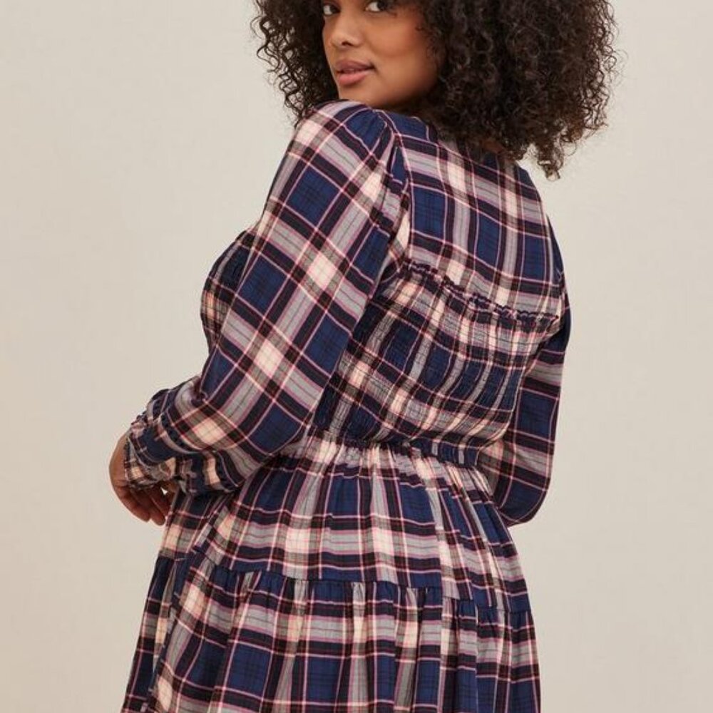 EUC Torrid Babydoll w/ Lace Insert Smocked Tiered Top Blue/Pink Plaid SZ4 ( 26) - Picture 2 of 8